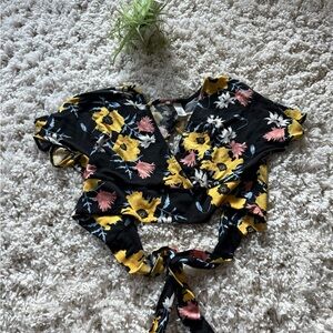H&M Black Floral Blouse with Yellow and Pink Accents